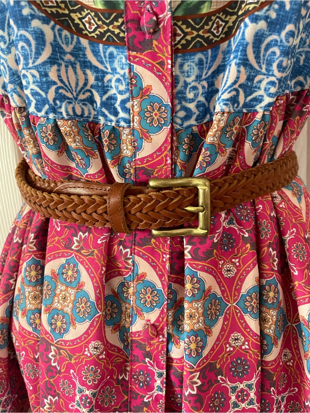 Braided Tan Leather Waist Belt with Brass Buckle